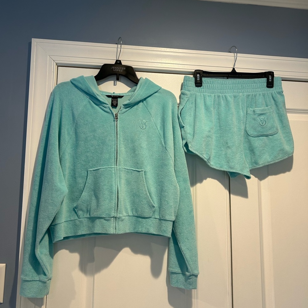 Victoria's Secret Light Blue Terry Cloth Hoodie and Short set.